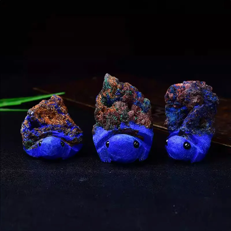 Natural Azurite Crystal Stone Turtle Tortoise Statue Hand Carved Tiny Animal Raw Healing Gemstone Figurine Decor for Home Office