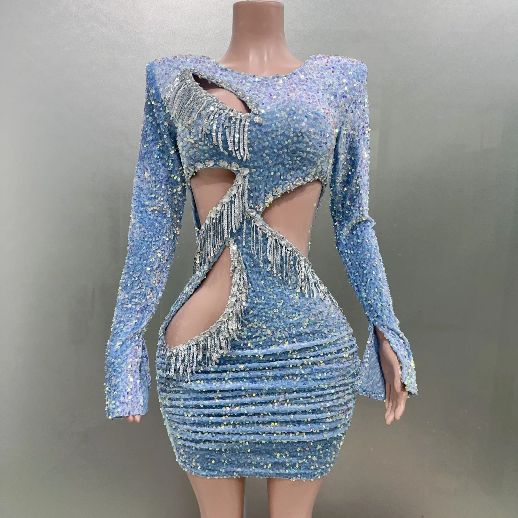 

Sparkly Sky-Blue Sequins Sexy Hollow Out Chain Sheath Dress Evening Party Performance Costume Nightclub Singer Dancer Stage Wear