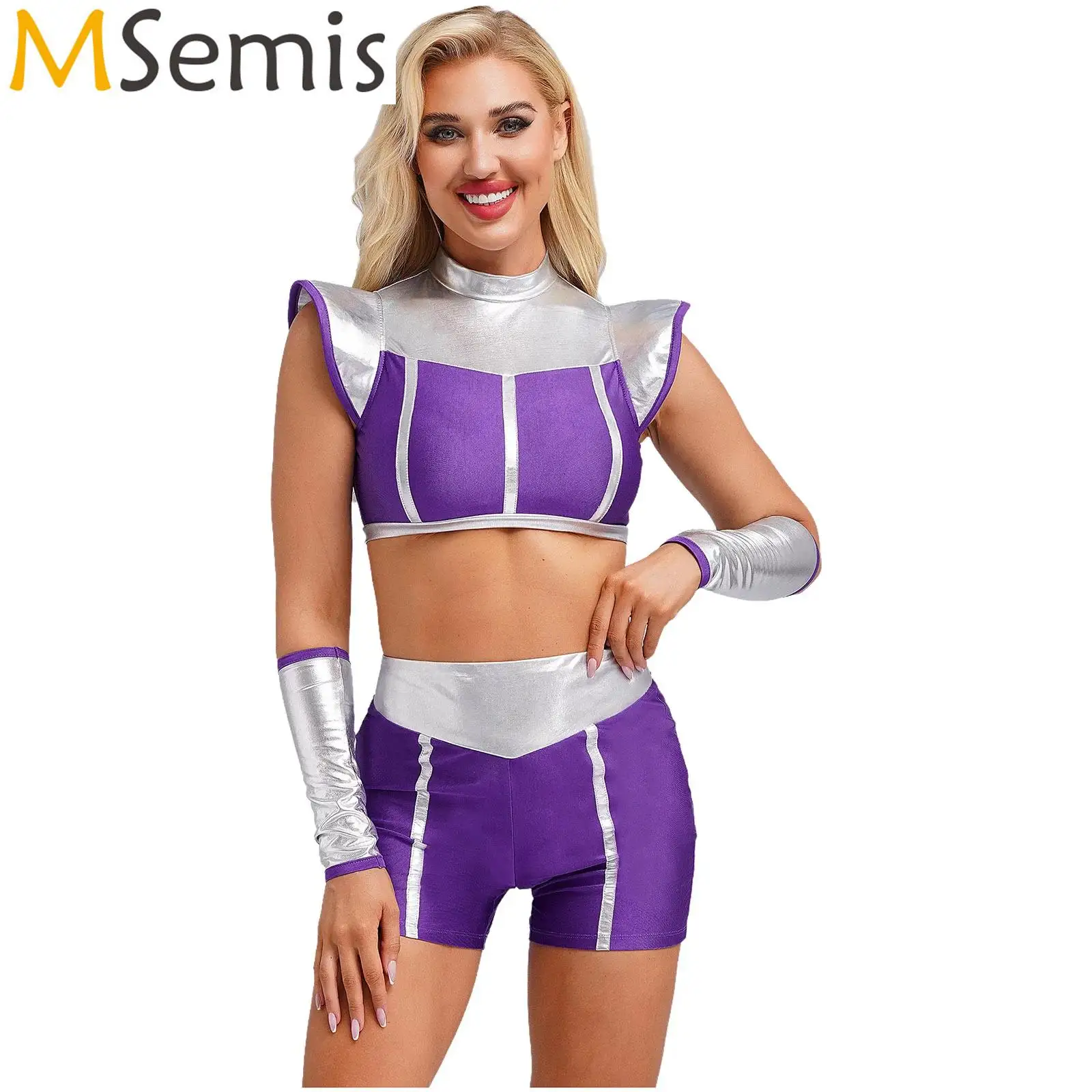 Womens Outer Space Cutie Alien Cheerleading Cosplay Costume Crop Top Shorts And Arm Sleeves Masquerade Party Anime Cosplay Prop