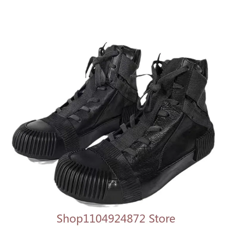 Handmade Cowhide Lace Up Sports Casual Round Toe High Top Men's Shoes Genuine Leather Thick Sole Sneakers Male Autumn Winter