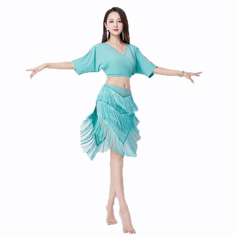 Belly Dance Training Suit V-neck Sexy Short Sleeves Top+Tassel Skirt Women Oriental Dance Performance Set Female Practice Outfit