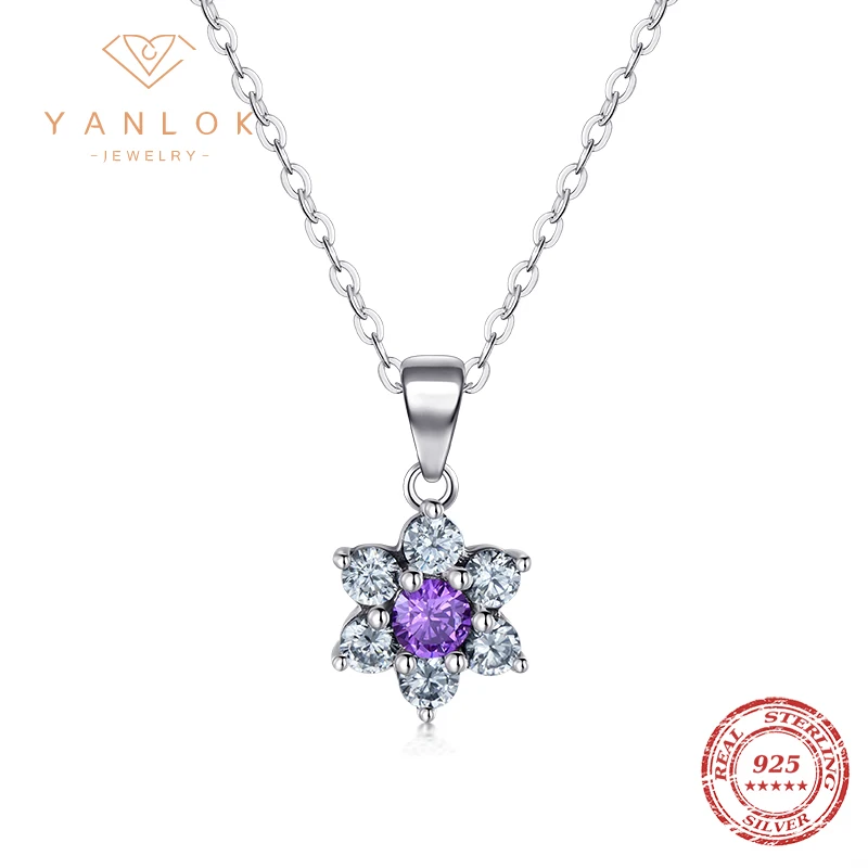 YANLOK 100% Real 925 Sterling Silver Purple Flowers Pendant Necklace Fashion Crystal CZ Simple For Women Wedding Jewelry Chain