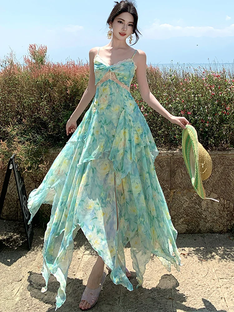 Summer Boho Green Floral Chiffon Ruffled Long Dress Women Fashion Chic Patchwork Lace Sling Dress 2025 Korean Elegant Prom Dress