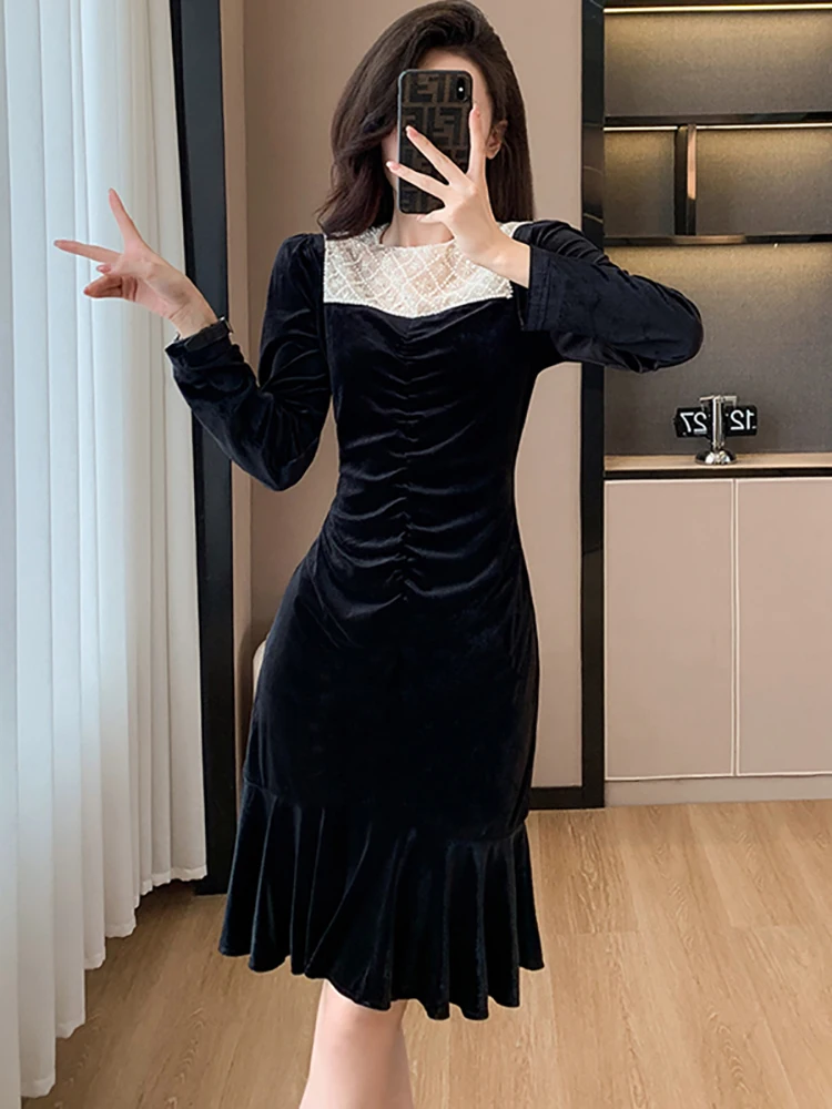 Autumn Winter Black Velvet Patchowrk Diamonds Dress Women Luxury Elegant Chic Ruffled Mermaid Dress 2024 Korean Bodycon Vestidos