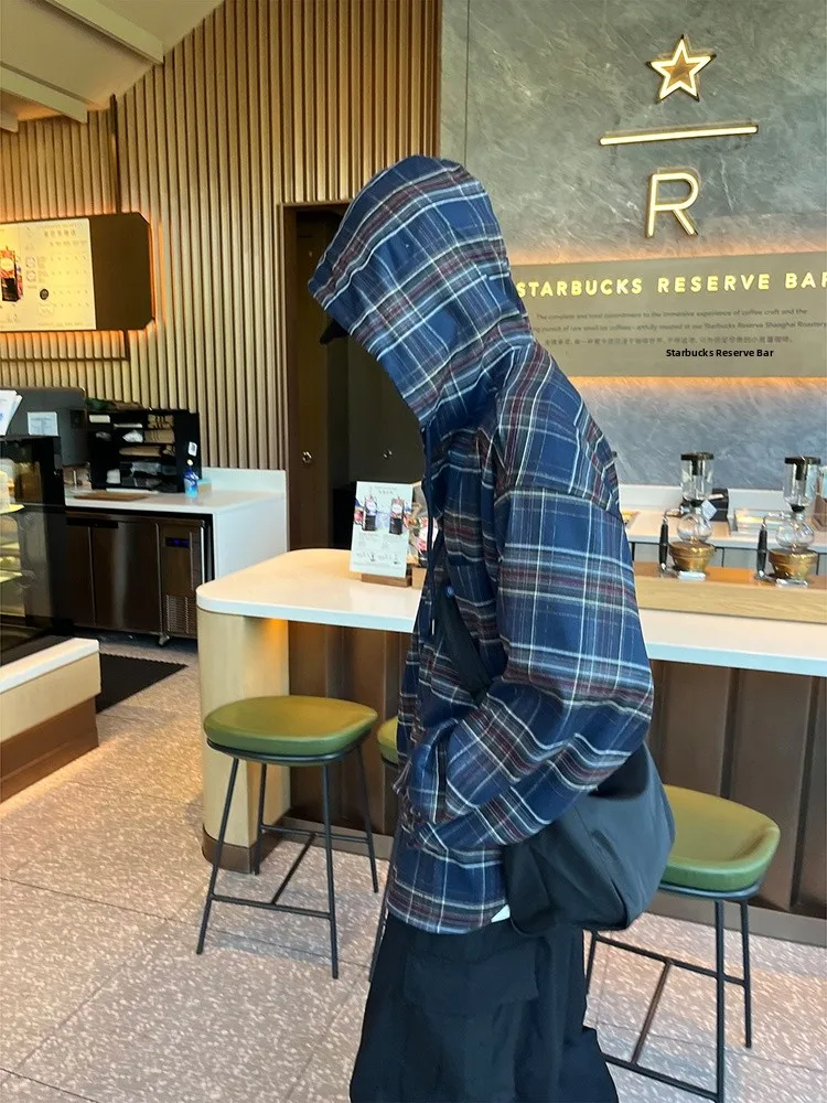

Trendy Blue Plaid Hooded Shirt Jacket Men's Spring Autumn New Casual Youth Long Sleeve Shirt Loose Fit Fashionable Brand