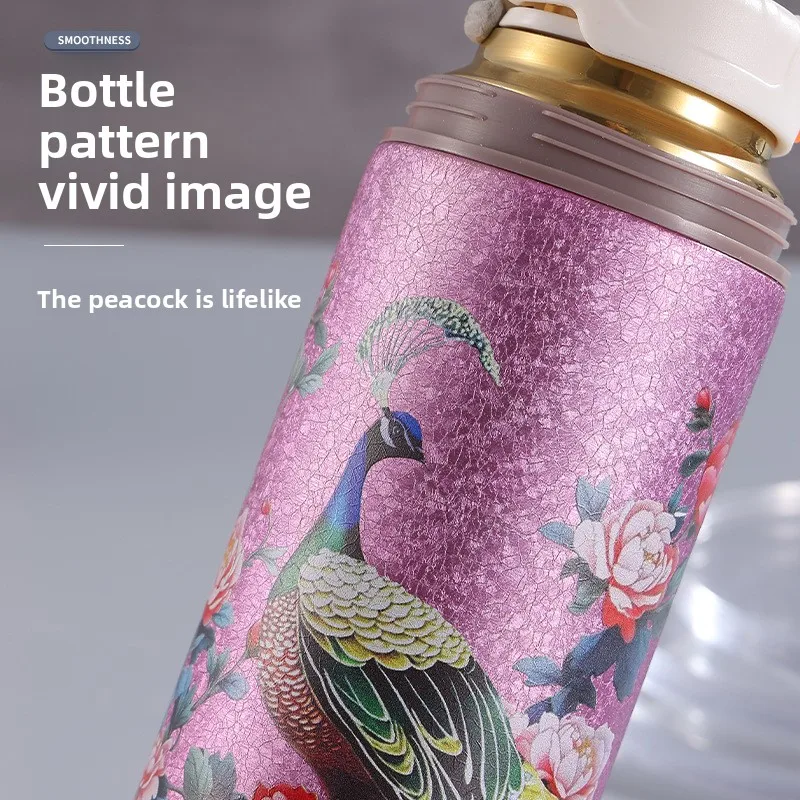 500ML New Guochao Peacock Titanium Coated Thermos Cup Vacuum Flasks Tea Separation Tea Cup High Value  Water Bottles  Mugs Gift