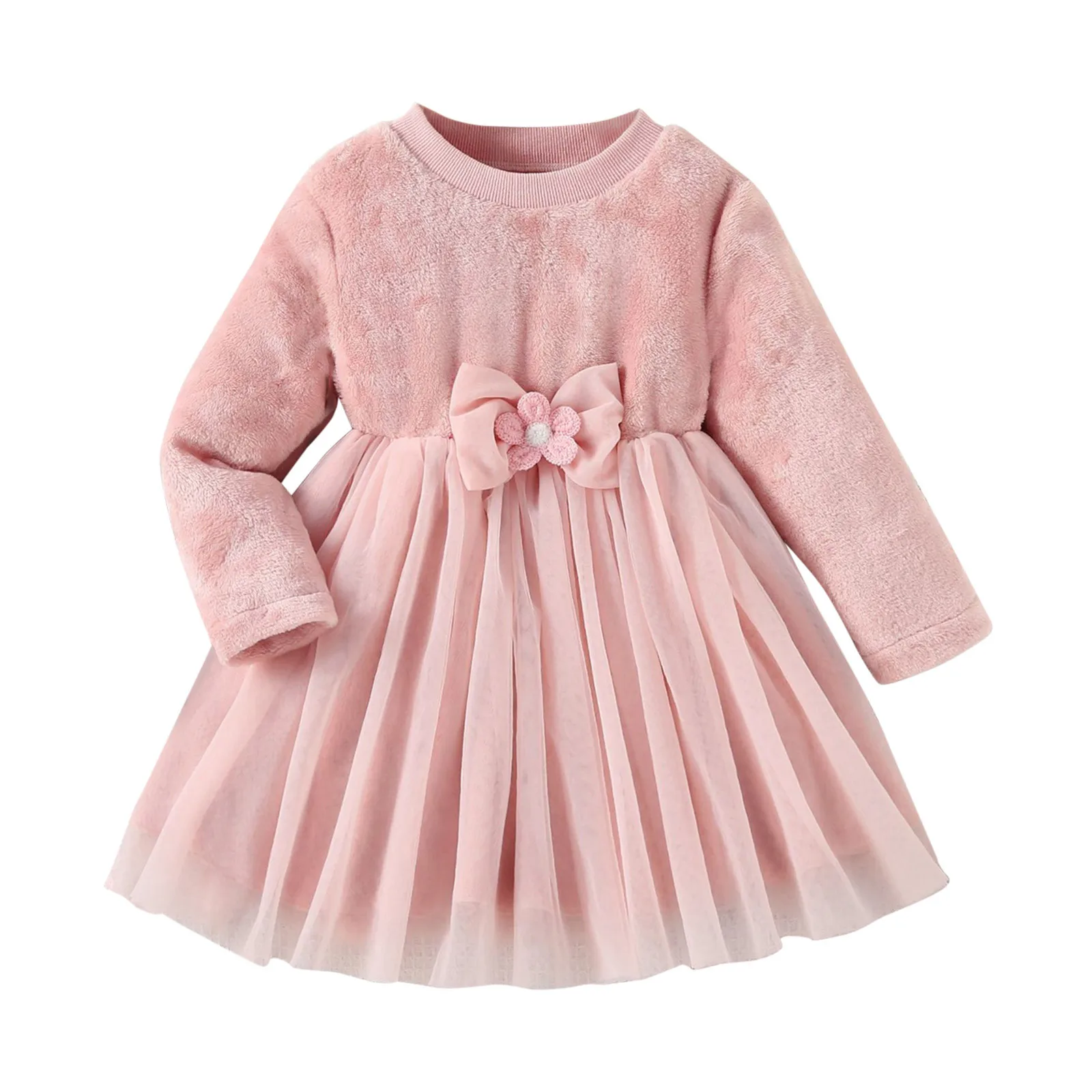 Bow Tie Fleece Warm Princess Dress For Girls 3 4 5 6 7 Years Kids Girls Solid Color Long Sleeve Mesh Tulle  Dress Party Outfits