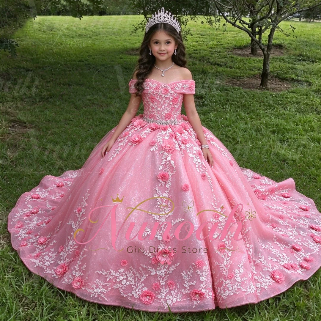Pink Flower Girl Dress For Wedding with Trail Lace 3D Flower Appliques Kids Birthday Party Gown First Communion Gowns Customized