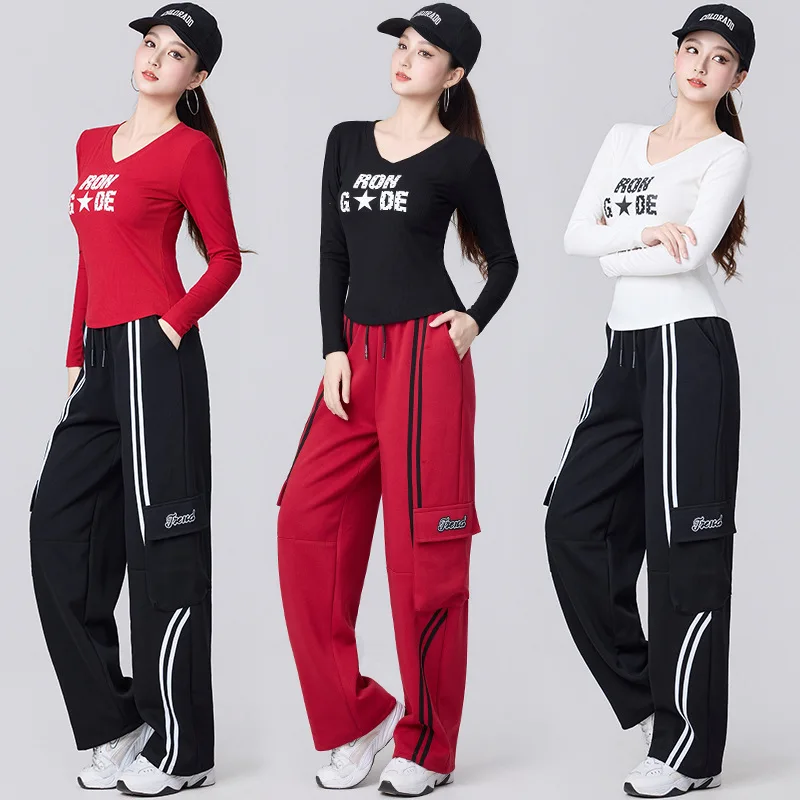 春スクエアダンスセット長袖フィットネス作業服スポーツダンスパフォーマンス衣装女性のハイウエストルーズフィットパンツ