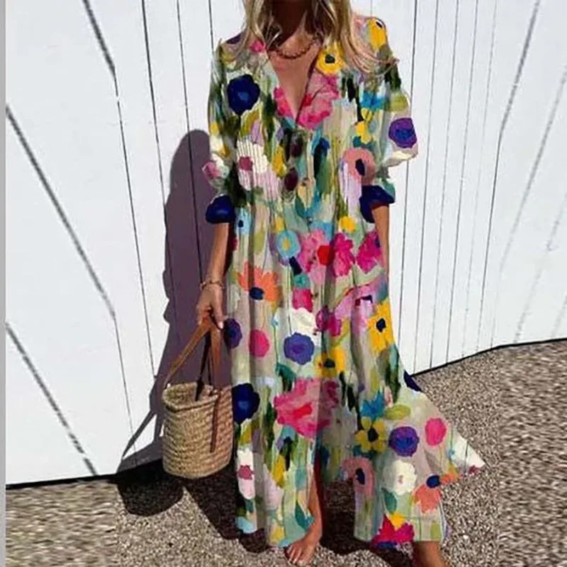 Casual Loose Bohemian Long Dress 2024 Retro Pattern Printed Loose Vacation Dress New Women\'s V-neck Single Breasted Shirt Dress