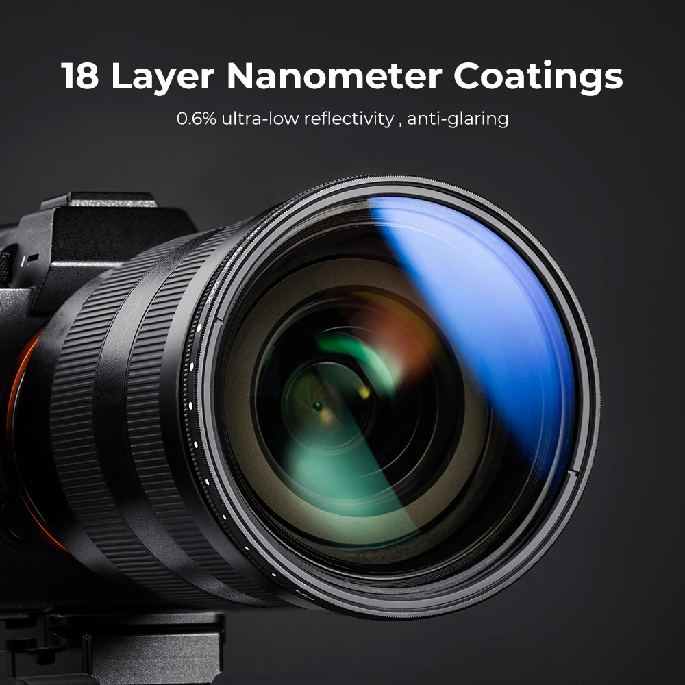 K&F CONCEPT Nano-C متغير ND2-ND400 ND مرشح HD 18 طبقة طلاءات مقاومة للماء والغبار، لعدسة 37/49/52/58/67/72/77/82 مم