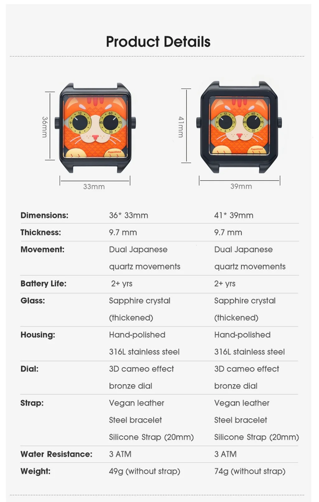 ساعة HappieWatch Ginger Cat كاجوال كوارتز للنساء، إكسسوار ساعة يد عصرية باللون البرتقالي والأحمر الناري #3