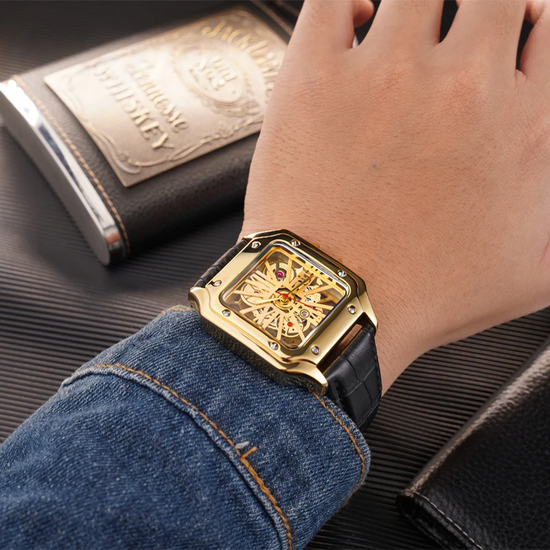 UTHAI L56 relógio masculino, não mecânico, relógio quadrado oco, impermeável, totalmente automático, moda masculina, relógios de quartzo