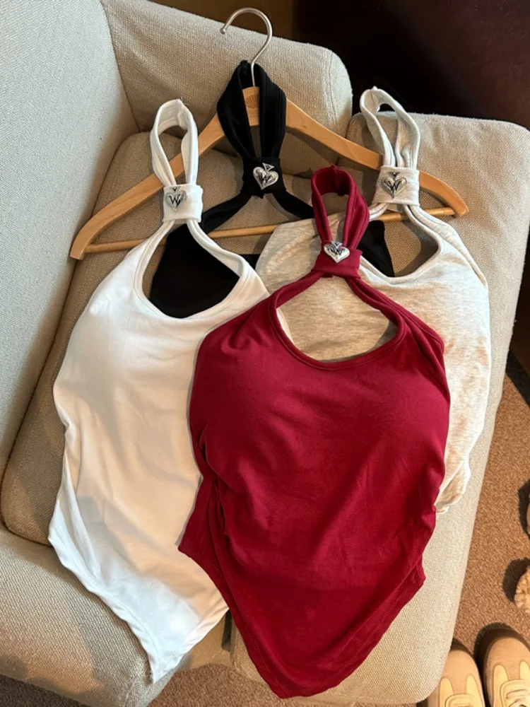 Pure Desire Heart Shape Hollow out Neckline Vest Women's Spring Summer New Style Pleated Slimming Integrated Pad Short Top