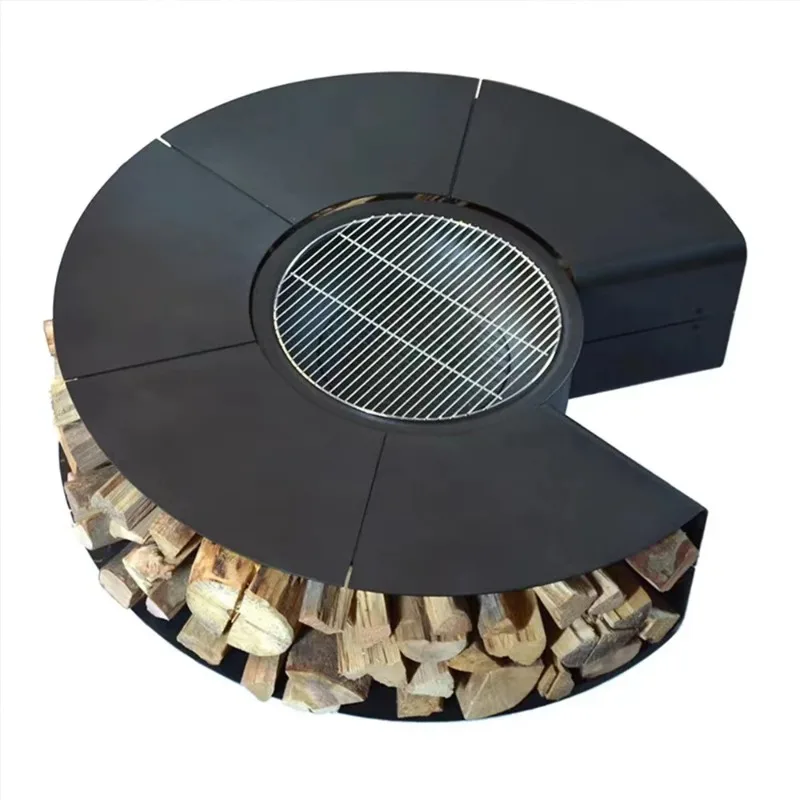 Cuenco de fuego de Metal negro para exteriores de alta calidad con bandeja para parrilla de barbacoa, estante de almacenamiento de madera para troncos