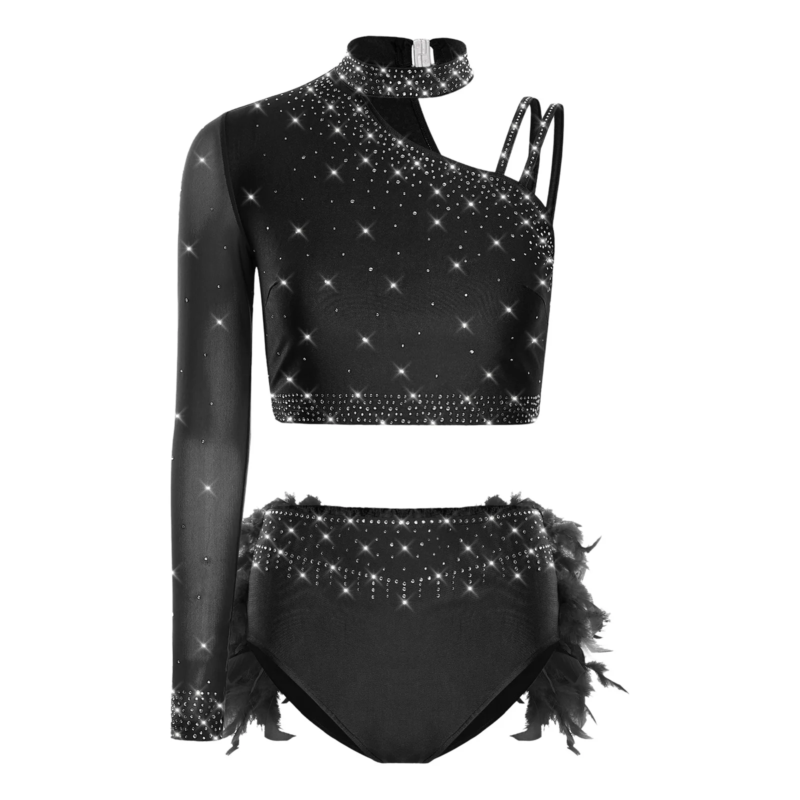 Womens Latin Jazz Dance Outfits 2-piece One Shoulder Long Sleeve Crop Top+Feather Briefs for Belly Dance Chacha Tango Dancewear