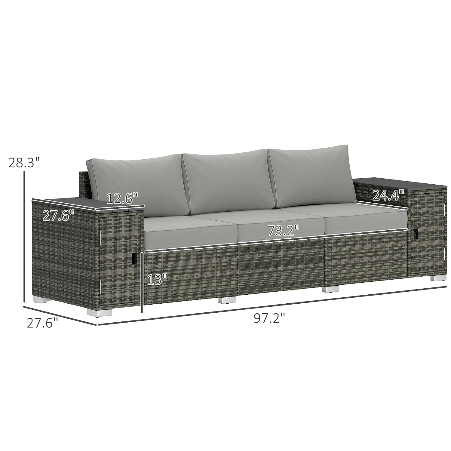 3-Seater Wicker Sofa with Storage Tables, Thick Cushions, Wide Armrests, Rattan Patio Furniture for Porch Garden, Gray, Customiz