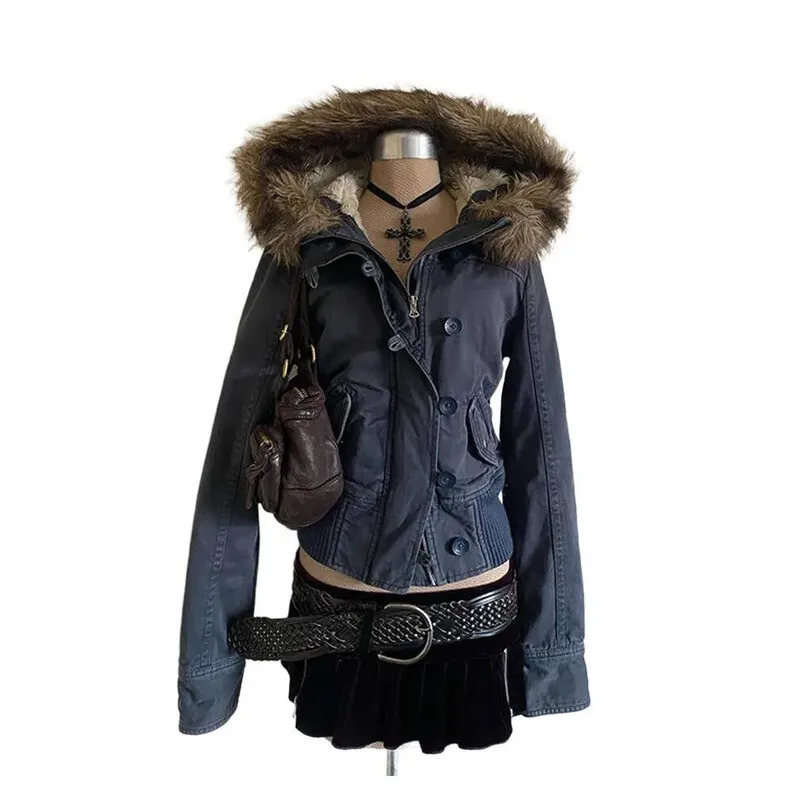 

Fashion Women Short Slim Jacket Faux Fur Hooded Collar Full Sleeve Button Front Casual Outerwear 2025 Autumn Female Warm Outwear