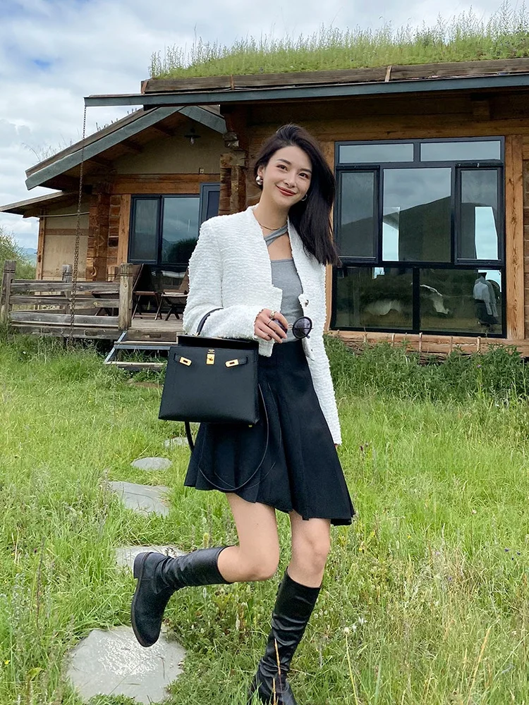 

ROEYWANG Classic Woolen Coat Sli Loose High Waist Button Detail Korean Sle Commute Long Sve Pure Color Spring Autumn