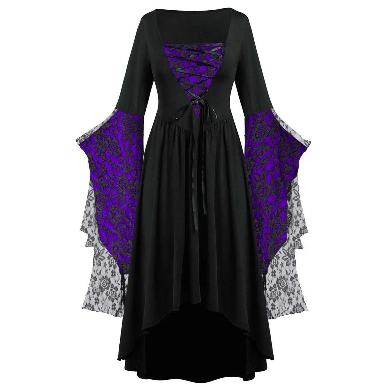 Gothic Halloween Vintage Damenkleider mit ausgestellten Ärmeln, lang, Übergröße, Hexen-Vampir-Kleid mit Netzstoff und Ausschnitten, Rave-Party-Bühnenrequisiten – Detail 3