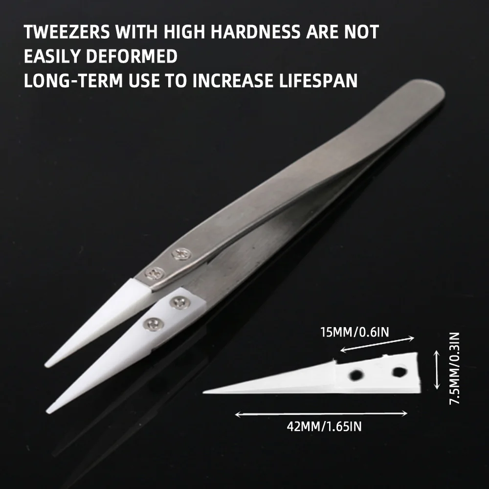 Anti-Static Ceramic Tweezers Stainless Steel Industrial Ceramic Tweezers Insulated Straight Tip Black-Whit Tweezers