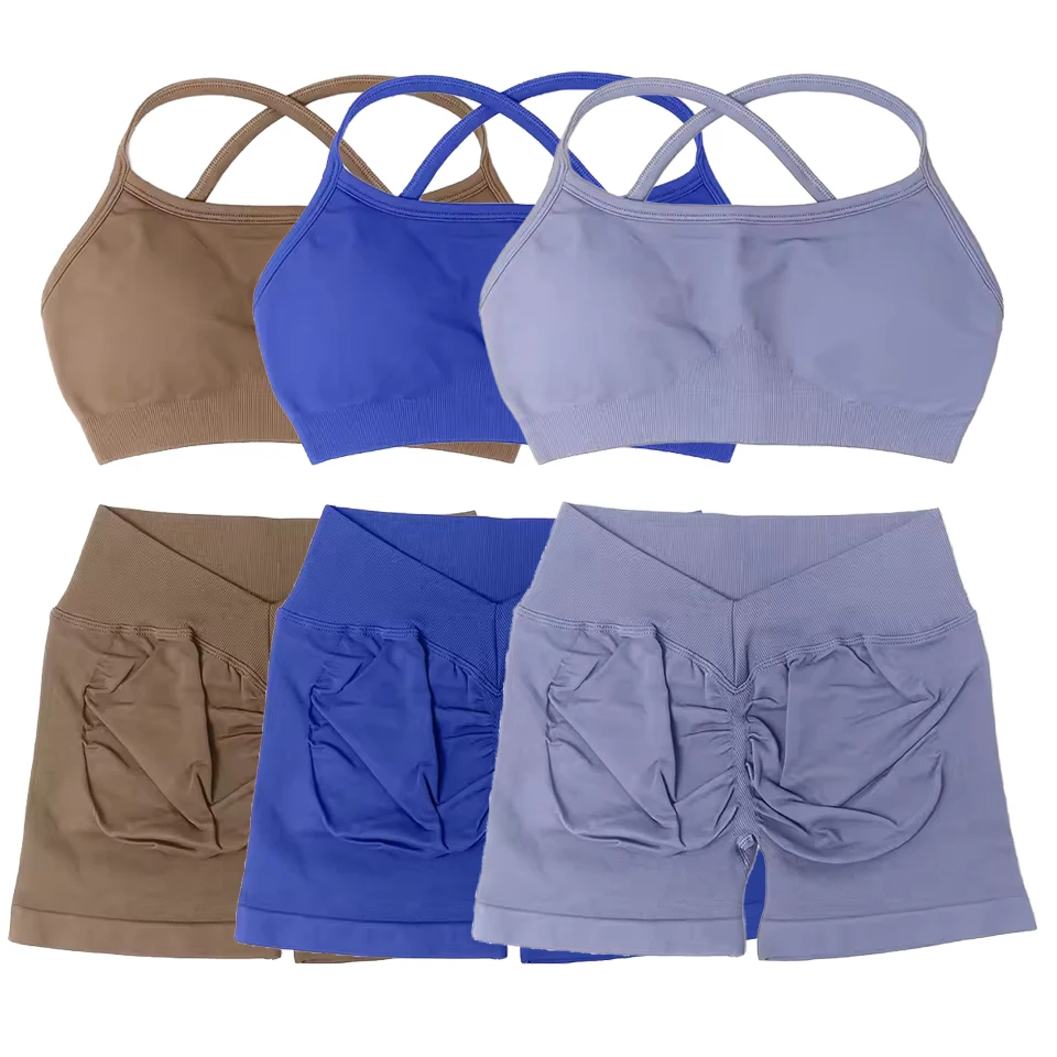 Keep 2 Pieces Yoga Set Women Seamless Gym Set Strappy Yoga Bra and Workout Scrunch Sports Shorts Suit Fitness Clothes Sportswear