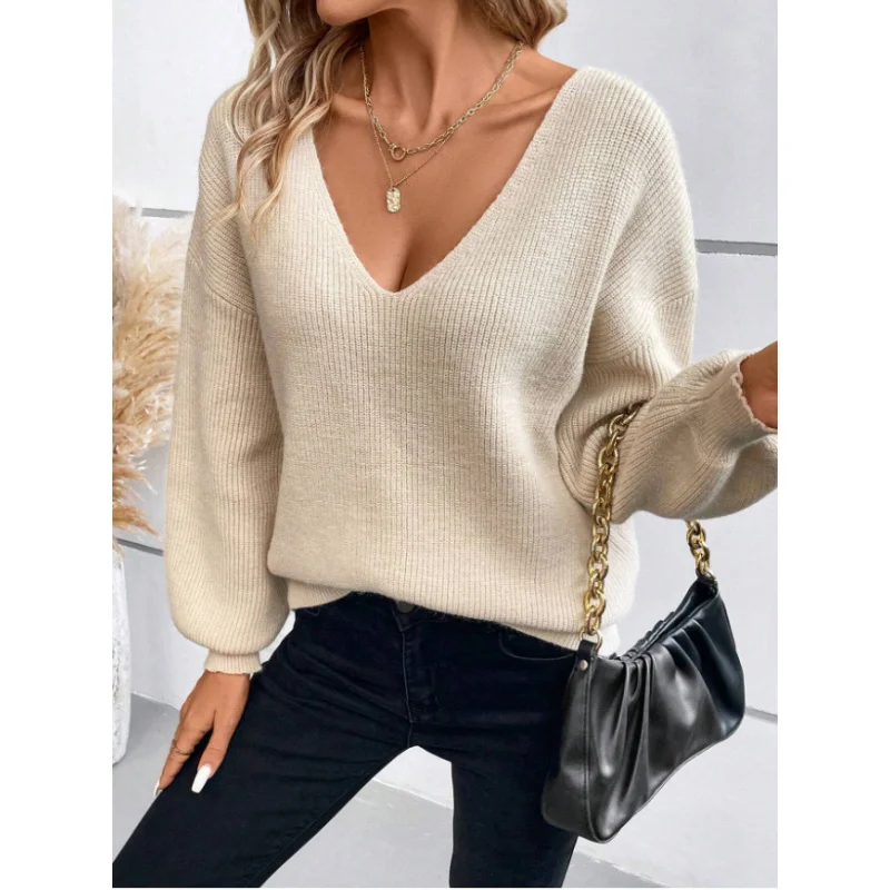 

European and American Autumn and Winter Women's Sweater Yangyang Backless Lace upVCollar Pullover Long Sleeve Sweater