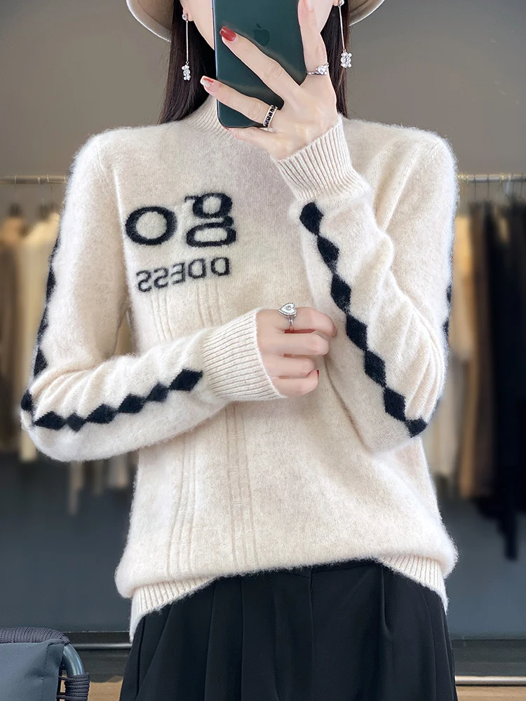 

New Spring Autumn Mock Neck Stylish DesignSoft Pullove 100% Merino Wool Knitted Women Comfortable Leisure Temperament Sweater