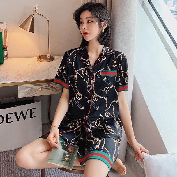 New Cute Girls' Pajamas Ice Silk Pajamas Women's Summer Cardigan Double Short Home Fur Shorts Short Sleeve Two Piece Set