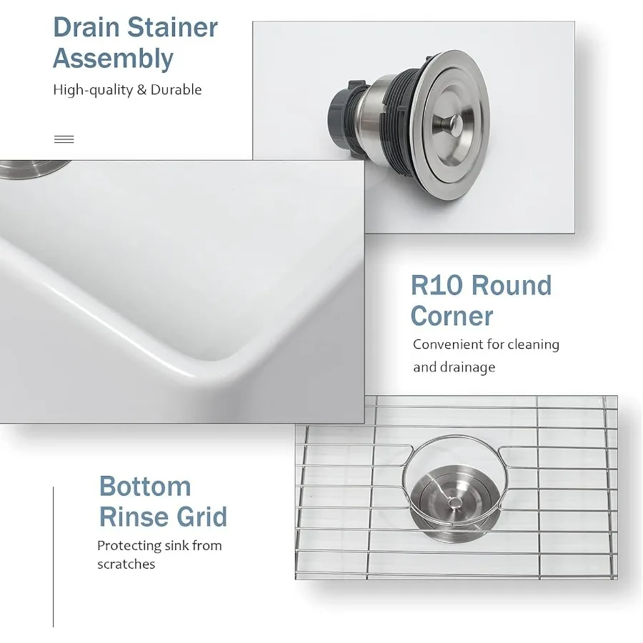 33 Inch White Farmhouse Sink with Fireclay Material 33X20X10 Inch Single Bowl Apron Front Kitchen Sink in Porcelain Ceramic Lar