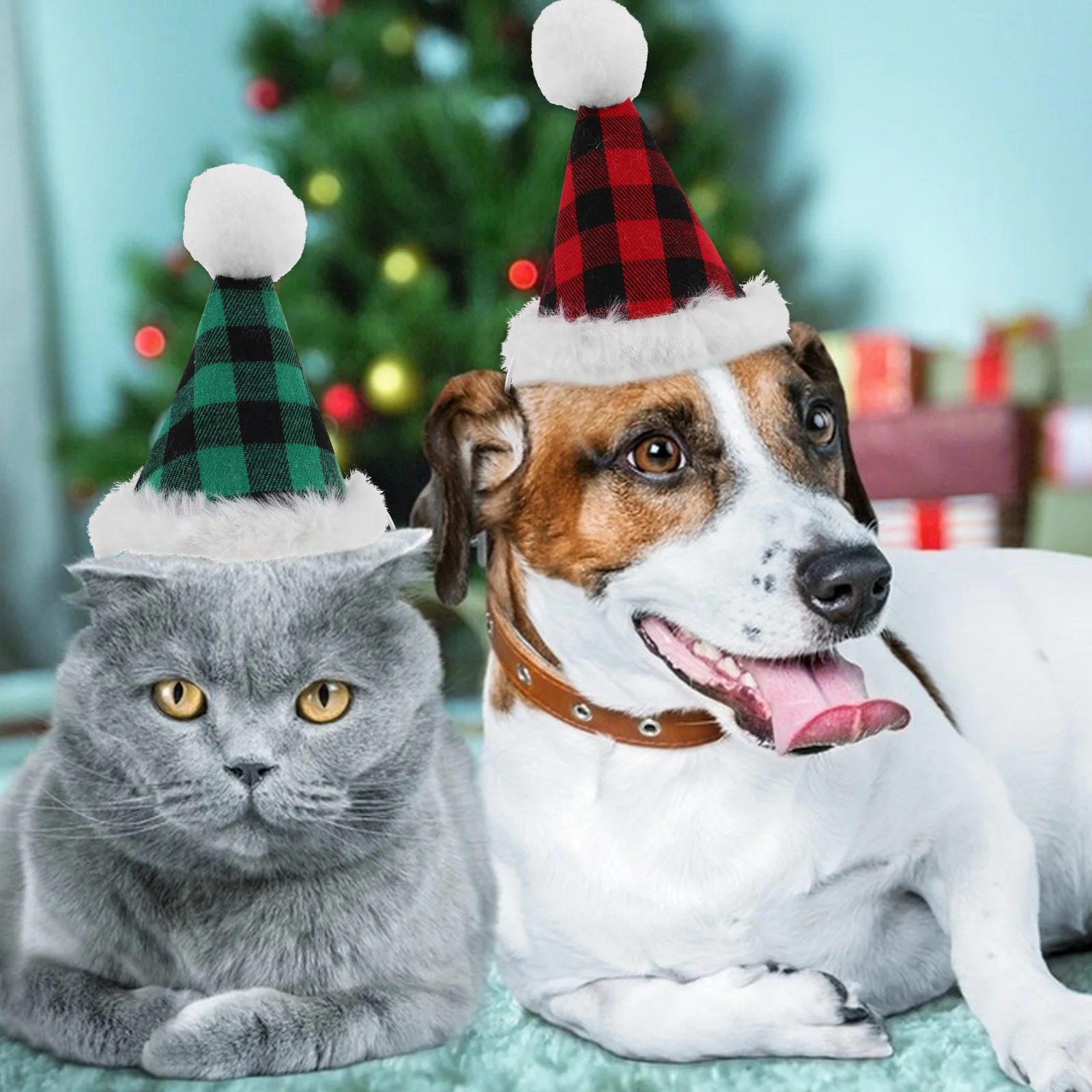 

2Sets Christmas Pet Hat Plaid Bow Tie Adjustable Fit Small Dog Neck Tie Holiday Party Supplies Photography Props