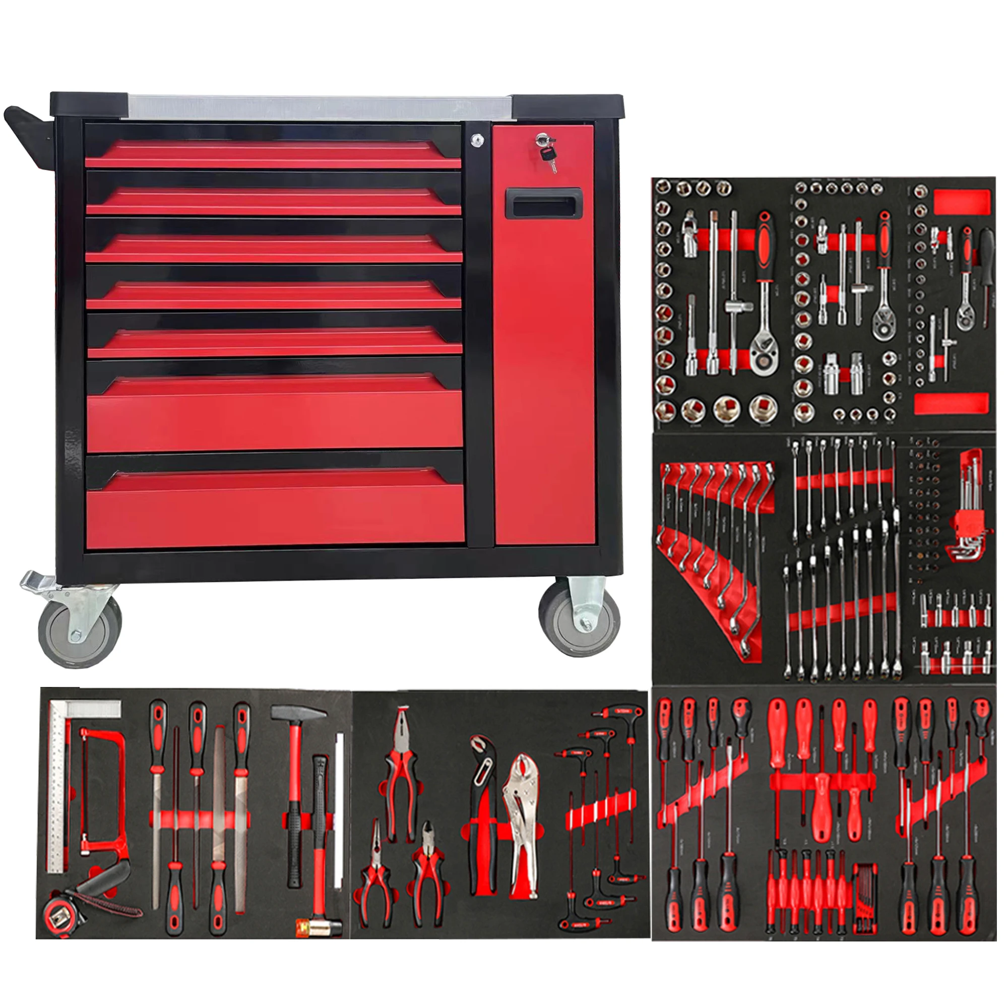 CE Certified 7-Drawer Heavy Duty Roller Tool Cabinet High Quality High-Tech Tool Chest/Trolley 201pcs Hand Tool Sets OEM