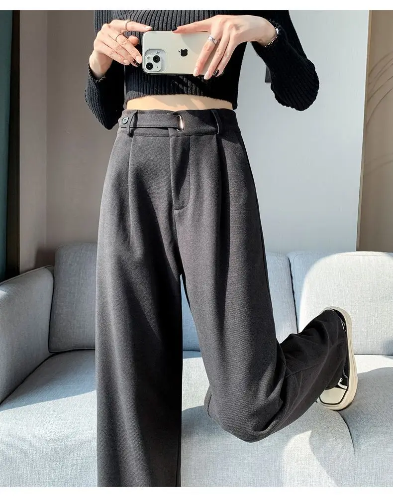 Brown Woolen High-end Suit Pants for Women in Autumn and Winter 2023 New Narrow Version Straight Wide-leg Pants with Drape