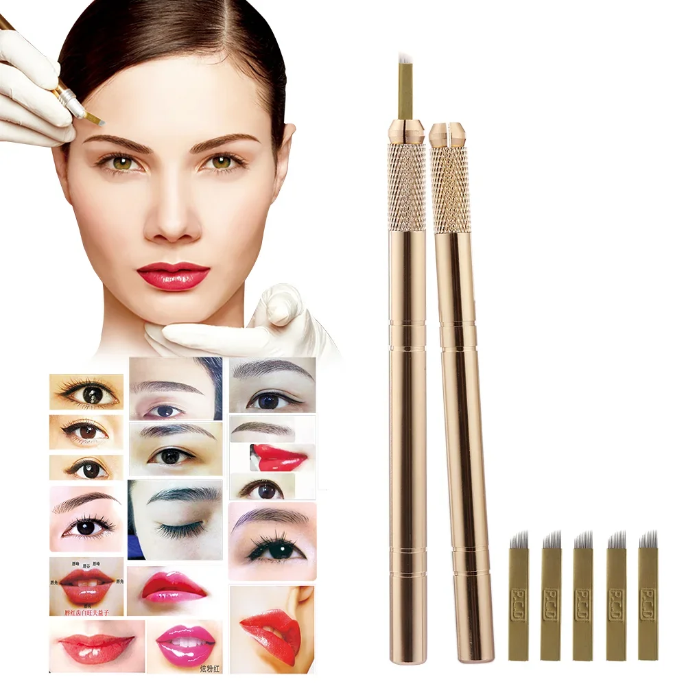 Golden Tebori 3D Tattoo Pen + 5 Pcs 12 Pins Microblading Tattoos Needles Permanent Makeup Manual Professional Eyebrow Tattoo Set