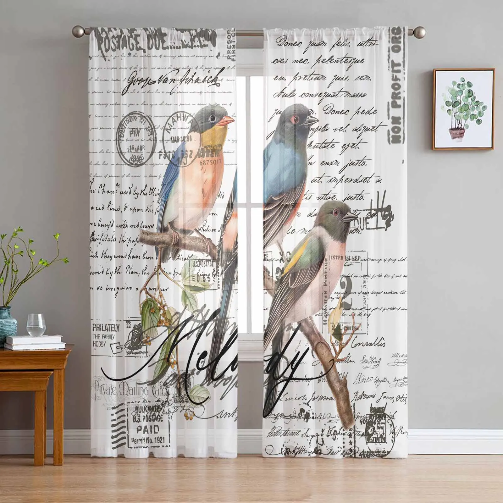 Vintage Bird Hand Drawn Envelope Window Tulle Curtains for Living Room Kitchen Modern Window Treatments Voile Curtains