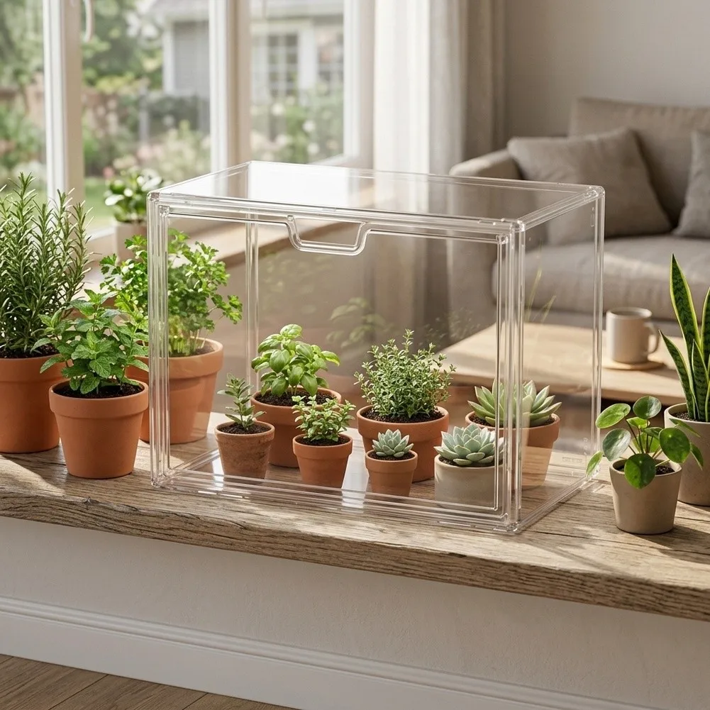 Tabletop For Mini Greenhouse Clear Plastic Construction Magnetic Door for Indoor Plants 36x25x28cm Stackable Unit