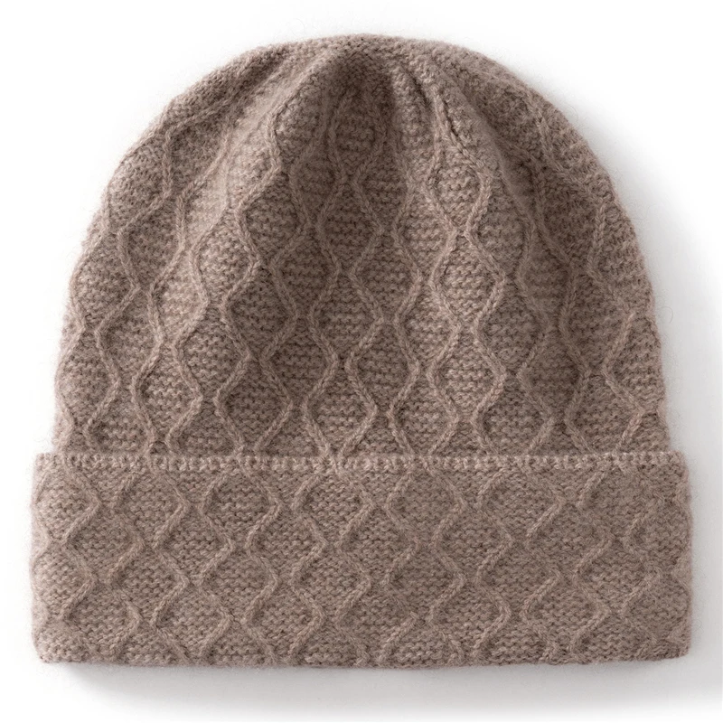 2025 خريف شتاء جديد 100% الكشمير محبوك قبعة موجة نمط تنوعا بلون مريح دافئ سدادات حماية الأذن قبعة