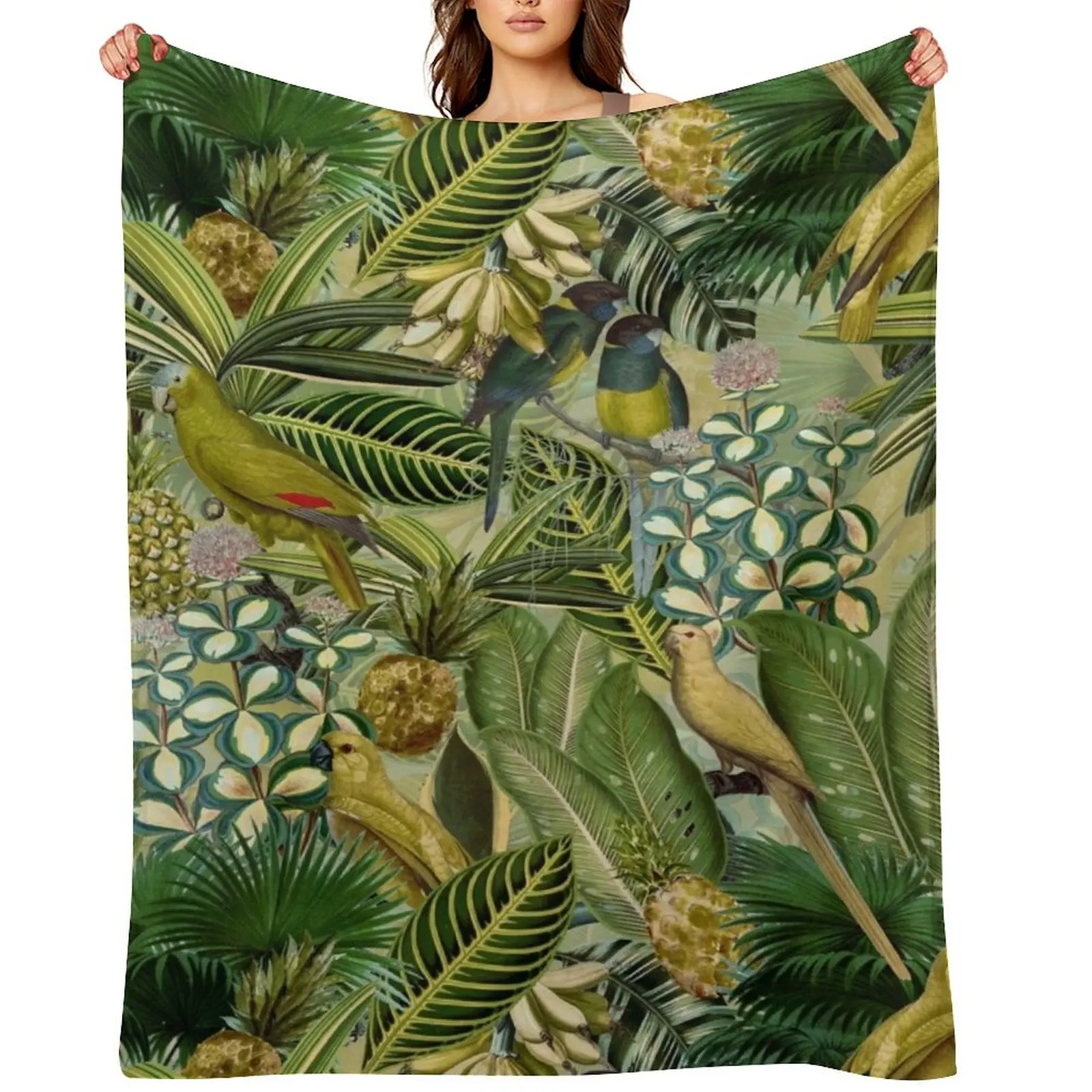 

Vintage Green Tropical Bird Jungle Botanical Night Garden Nightgarden Throw Blanket Bed Giant Sofa For Baby for winter Blankets