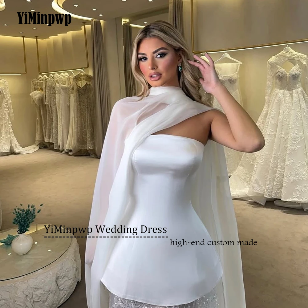 Vestido De novia corto blanco De corte A con chal, Mini vestidos De novia sin tirantes De satén para fiesta, Vestido De novia personalizado 2026
