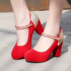 Big Size ladies high heels women shoes woman pumps Suede round head, thick heel and high heel color-matching buckle