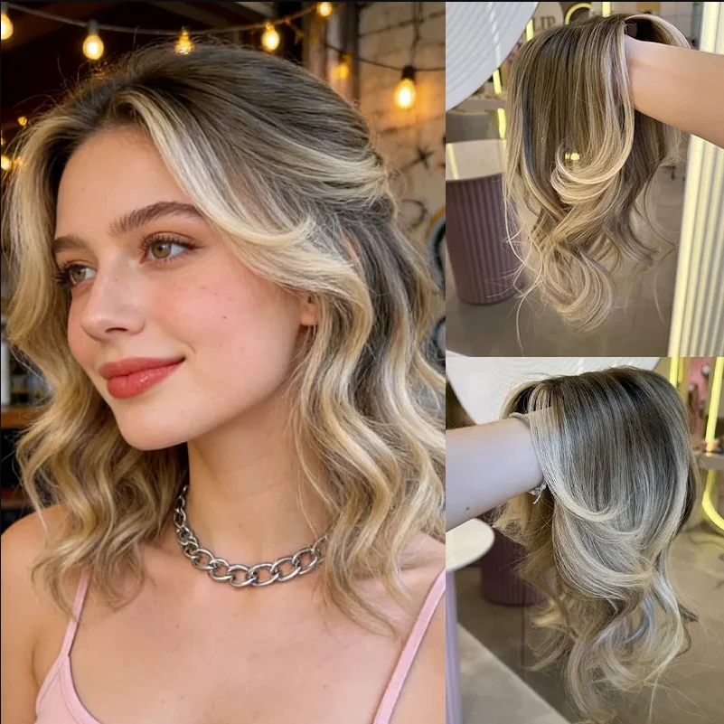 Fashion Glueless Highlight Blonde Soft Natural 18inch Wave 180 Density HD lace front wig for women Heat Resistant Preplucked
