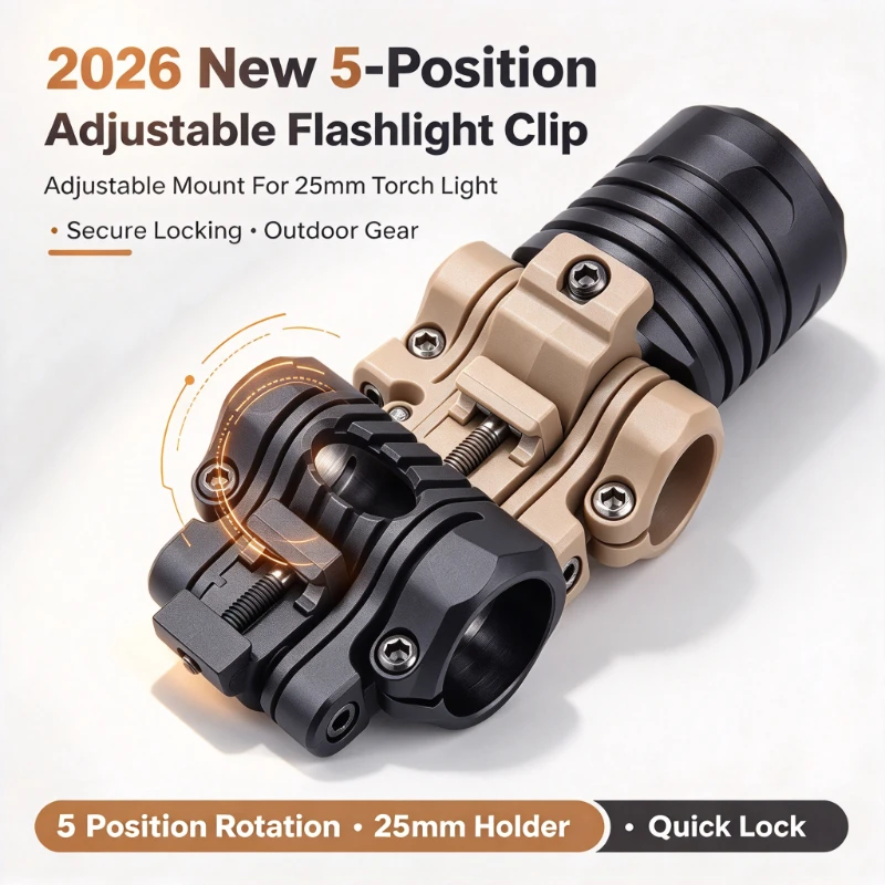 Tactical Flashlight Clip 5-Position Adjustable Bracket, Fits 25mm Torch, Black Sand Two Colors, Outdoor Mount Accessory