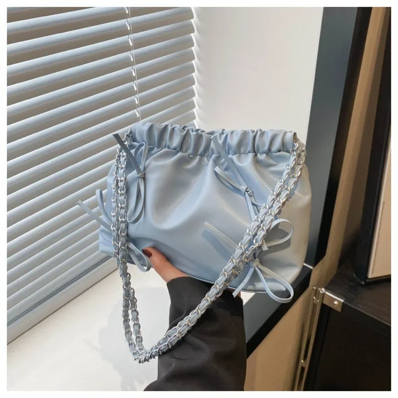 Korean Chic Sweet Shoulder Bag for Girl  Casual Cute Fashion Bow Solid Color Bucket Bag Commuter School Girl Tote HandBag image 4