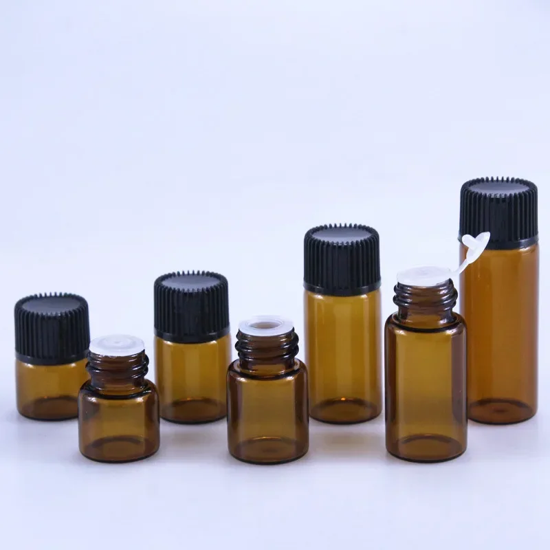

200PCS Vials Cosmetic Sample Test Bottle Mini Bottle Empty Glass Amber Essential Oil Bottle with Orifice Reducer Refillable