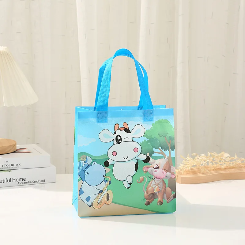 StoBag 4pcs Cartoon Non-woven Gift Tote Bags Kids Child Fabric Candy Package Waterproof Storage Reusable Pouch Birthday Party