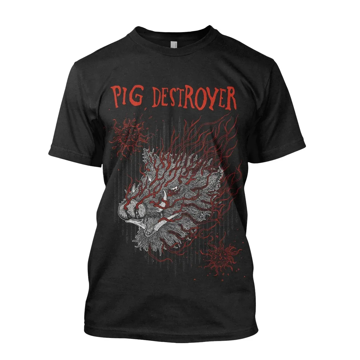 Pig Destroyer Print T‑Shirt, Featuring Fierce Wild Boar Head with Red Flame Vine Graphic, Vintage Dark Sketch Art Design