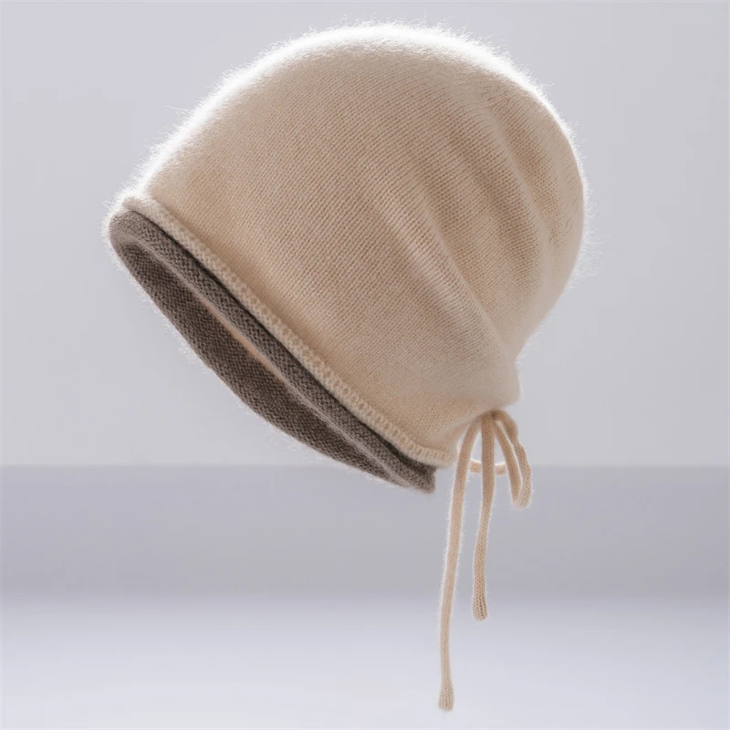 Women's 100% Pure Cashmere Drawstring Hat Face Slimming Winter Warm Knitted Beanie with Color Block And Rolled Edge