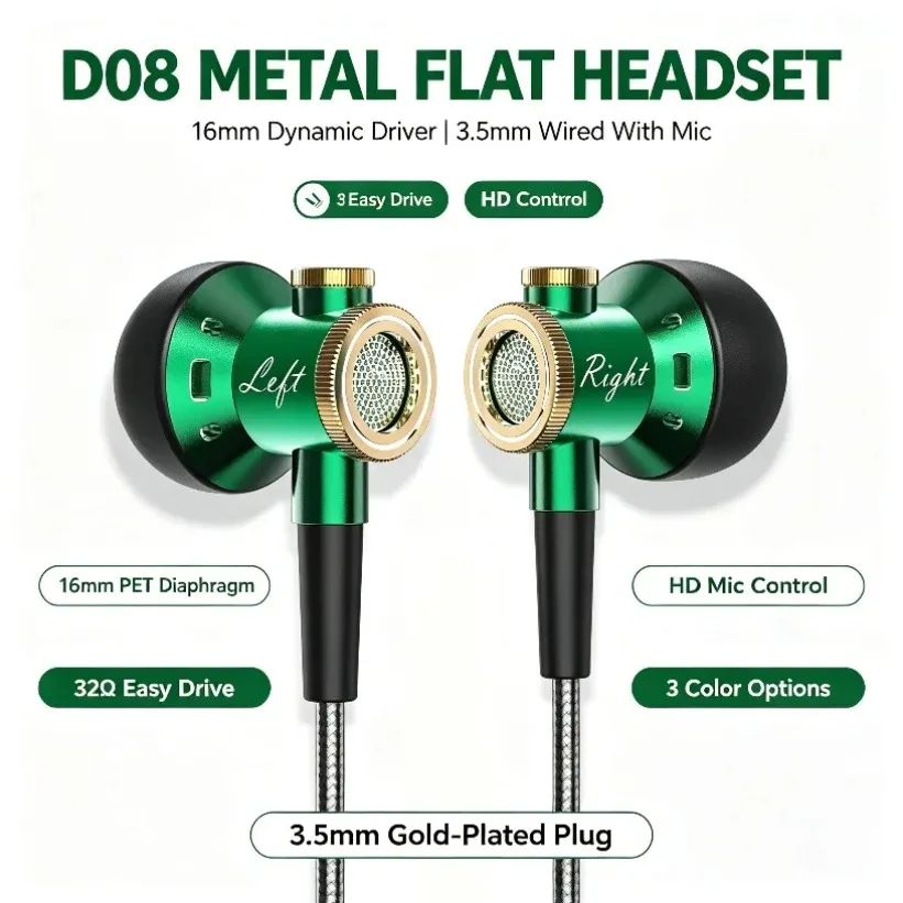 Headphones with Microphone Wired Flat Head 16mm Dynamic Driver Metal 3.5mm Jack Bass for Phone Call Music Black Silver Green