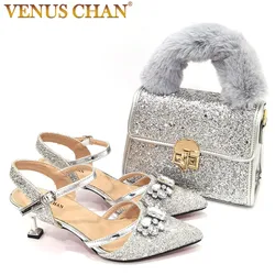 Venus Chan 2022 Nigerian Fashionable Silver Color Peep Toe Shoes Matching Bag Set For Royal Ladies Wedding Party Sandal