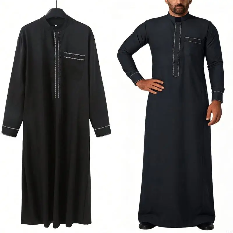 

Y3NE Lightweight Thobe Breathable Polyester Fabric Muslims Men's Full Length Robe Stand Collar and Long Sleeves for Comfort